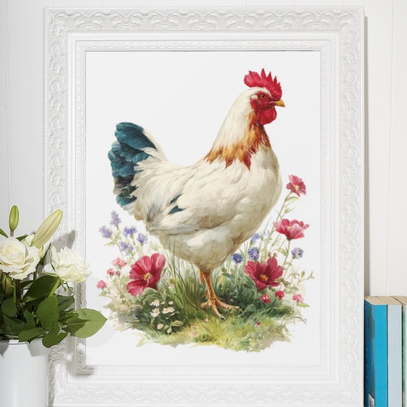 Watercolor Hen Chicken with Wildflowers Portrait Wall Art Print Unframed - Picture 6 of 6